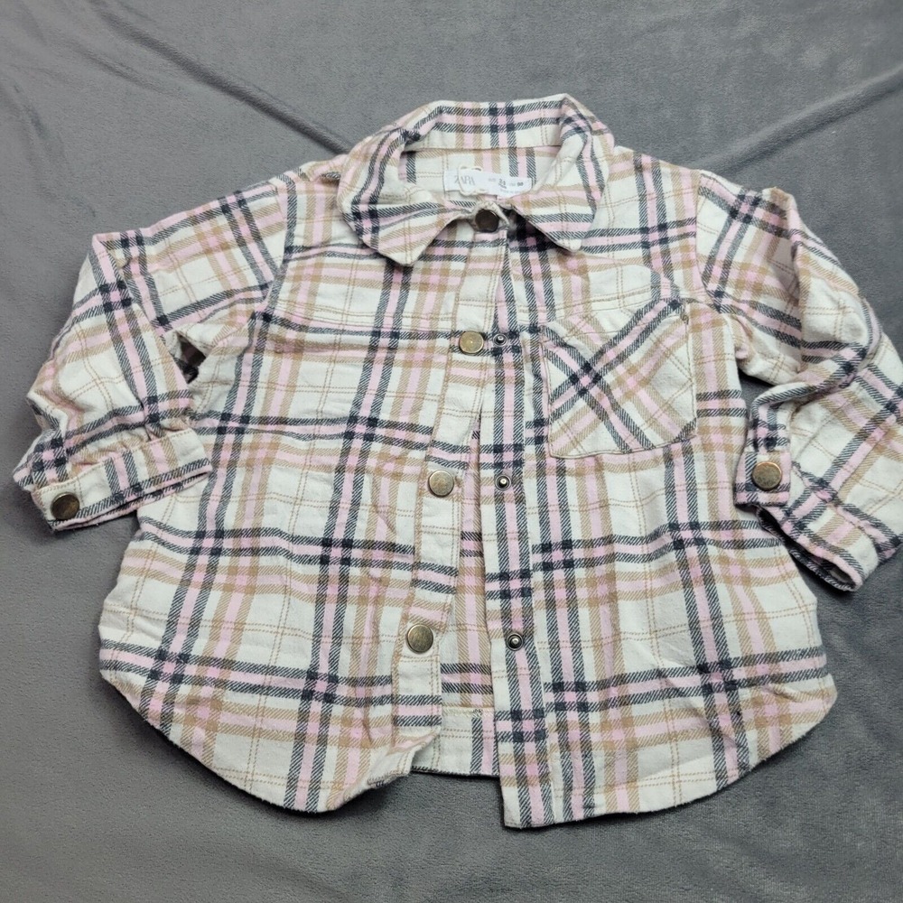 Zara Baby Button Up Shirt Girl Size 2 Pink Plaid Print Long Sleeve Pocket Cotton